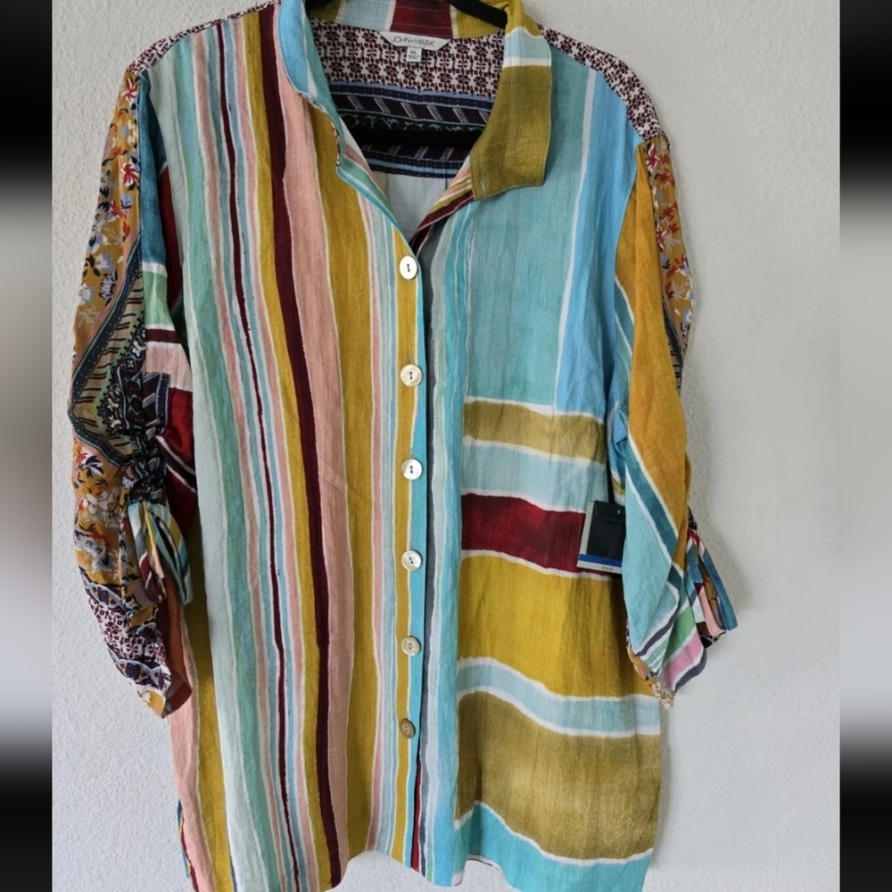 $120 John Mark Shirt Women XL Mixed Print Collared Cinched 3/4 Tie Sleeve Boho - Picture 13 of 14